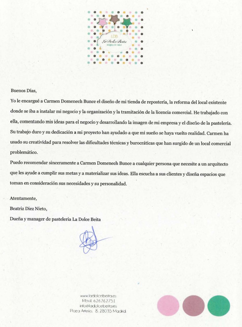 La Dolce Beita Carta de Recomendación